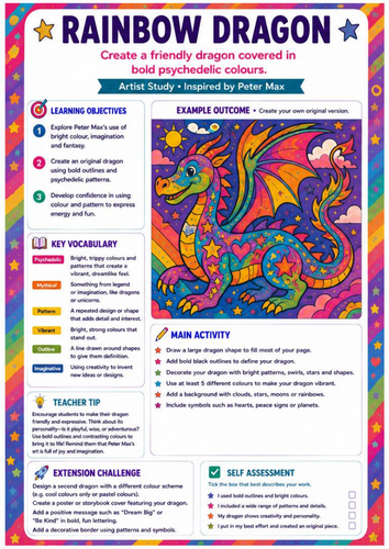Peter Max Rainbow Dragon Worksheet | Fantasy Pop Art Drawing | KS3 Art
