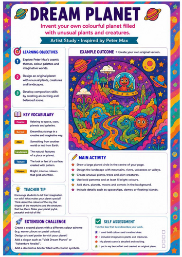 Peter Max Dream Planet Worksheet | Cosmic Fantasy Landscape Drawing | KS3 Art