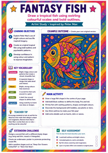 Peter Max Fantasy Fish Worksheet | Colourful Underwater Pop Art | KS3 Drawing