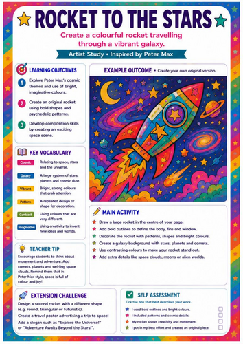 Peter Max Rocket to the Stars Worksheet | Cosmic Pop Art Drawing | KS3 Art