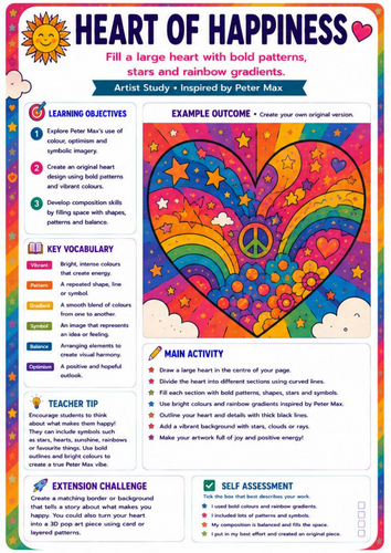 Peter Max Heart of Happiness Worksheet | Positive Pop Art & Colour | KS3 Art