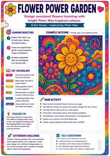Peter Max Flower Power Garden Worksheet | Colourful Floral Pop Art | KS3
