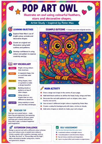 Peter Max Pop Art Owl Worksheet | Colourful Animal Illustration | KS3 Art