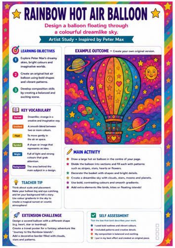 Peter Max Rainbow Hot Air Balloon Worksheet | Colourful Pop Art Drawing | KS3 Art