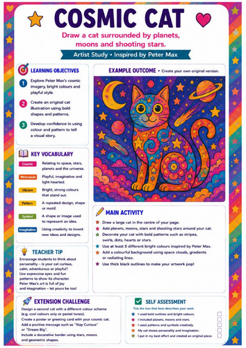 Peter Max Cosmic Cat Drawing Worksheet | Colourful Pop Art Animals | KS3 Art