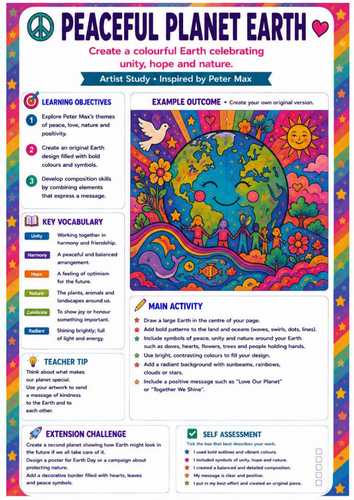 Peter Max Peaceful Planet Earth Worksheet | Pop Art Symbolism & Colour | KS3