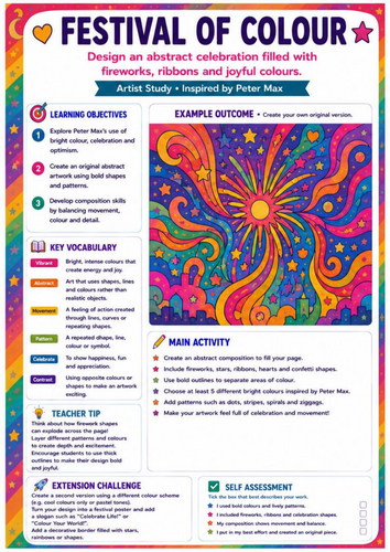 Peter Max Festival of Colour Worksheet | Abstract Pop Art Drawing | KS3 Art