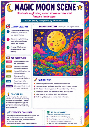 Peter Max Magic Moon Scene Worksheet | Fantasy Landscape & Pop Art | KS3 Art