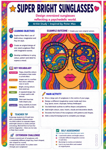 Peter Max Super Bright Sunglasses Worksheet | Psychedelic Pop Art Drawing | KS3