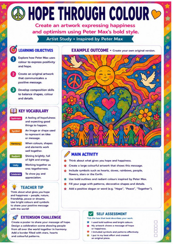 Peter Max Hope Through Colour Worksheet | Positive Pop Art & Symbolism | KS3