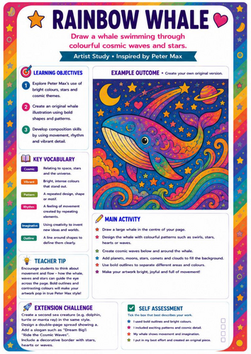 Peter Max Rainbow Whale Drawing Worksheet | Colourful Cosmic Pop Art | KS3 Art