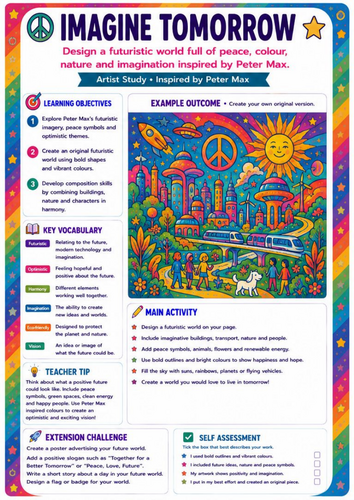 Peter Max Imagine Tomorrow Worksheet | Futuristic Pop Art & Creative Drawing | KS3