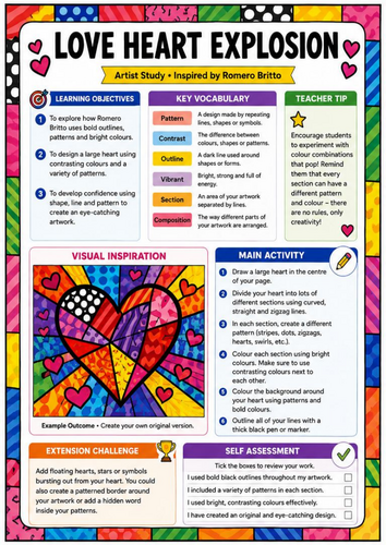 Romero Britto Inspired Love Heart Explosion Worksheet | KS3 Pop Art Pattern Drawing
