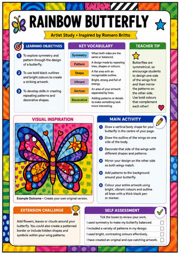 Romero Britto Inspired Rainbow Butterfly Worksheet | KS3 Pop Art Symmetry Drawing