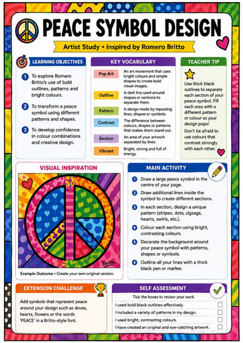 Romero Britto Inspired Peace Symbol Design Worksheet | KS3 Pop Art Drawing Activity