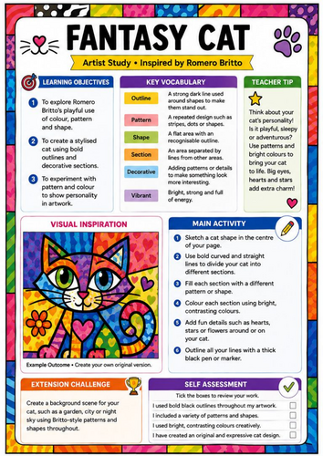 Romero Britto Inspired Fantasy Cat Worksheet | KS3 Pop Art Animal Drawing Activity