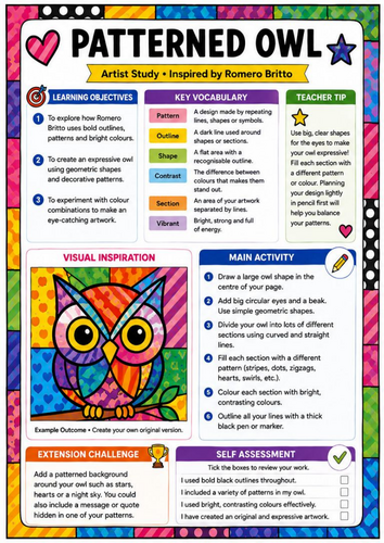 Romero Britto Inspired Patterned Owl Worksheet | KS3 Pop Art Animal Drawing