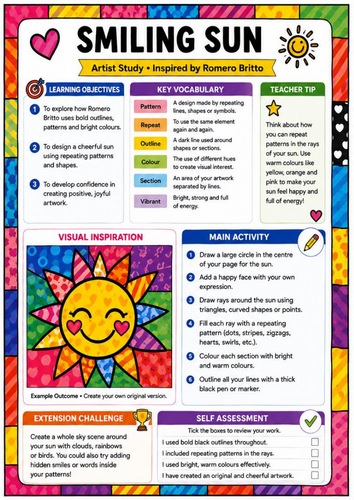 Romero Britto Inspired Smiling Sun Worksheet | KS3 Pop Art Colour and Pattern Drawing