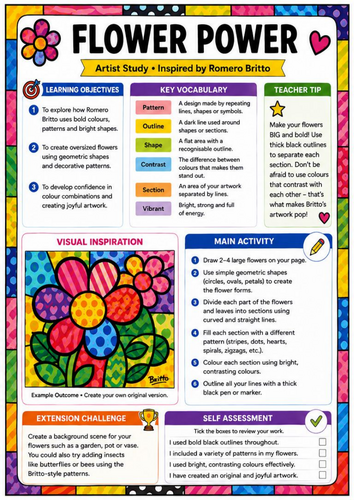 Romero Britto Inspired Flower Power Worksheet | KS3 Pop Art Floral Drawing Activity