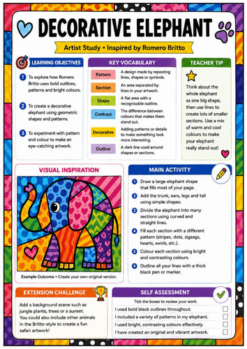 Romero Britto Inspired Decorative Elephant Worksheet | KS3 Pop Art Animal Drawing