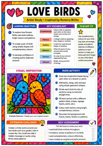 Romero Britto Inspired Love Birds Worksheet | KS3 Pop Art Colour and Pattern Drawing