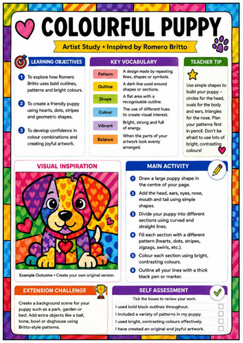 Romero Britto Inspired Colourful Puppy Worksheet | KS3 Pop Art Animal Drawing Activity