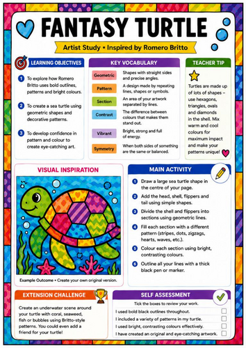 Romero Britto Inspired Fantasy Turtle Worksheet | KS3 Pop Art Animal Drawing Activity
