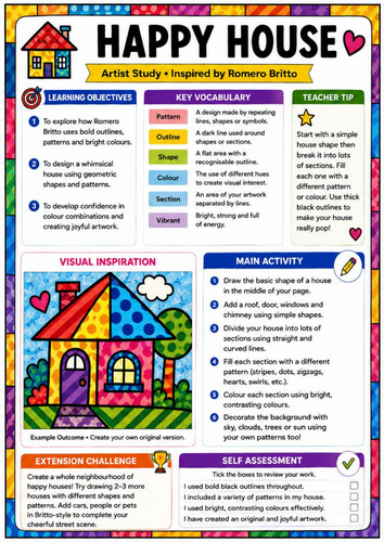 Romero Britto Inspired Happy House Worksheet | KS3 Pop Art Architecture Drawing Activity