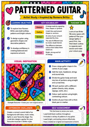 Romero Britto Inspired Patterned Guitar Worksheet | KS3 Pop Art Music Drawing Activity