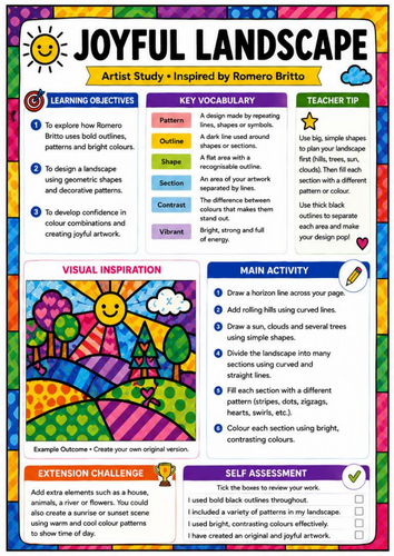 Romero Britto Inspired Joyful Landscape Worksheet | KS3 Pop Art Landscape Drawing