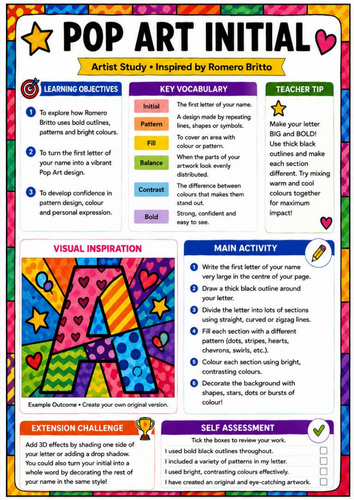 Romero Britto Inspired Pop Art Initial Worksheet | KS3 Typography and Pattern Drawing