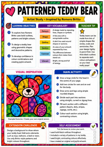 Romero Britto Inspired Patterned Teddy Bear Worksheet | KS3 Pop Art Drawing Activity