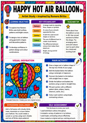 Romero Britto Inspired Happy Hot Air Balloon Worksheet | KS3 Pop Art Pattern Drawing