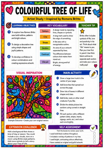 Romero Britto Inspired Colourful Tree of Life Worksheet | KS3 Pop Art Nature Drawing