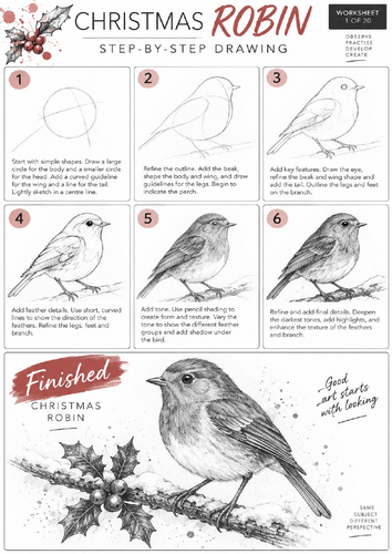 Christmas Robin Step-by-Step Drawing Worksheet | KS3 & KS4 Art | Pencil Shading