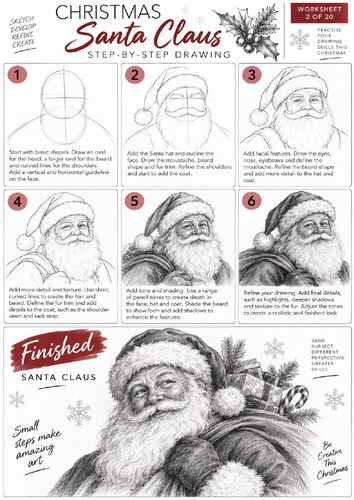 Santa Claus Step-by-Step Drawing Worksheet | Christmas Art | KS3 & KS4 | Portrait Drawing