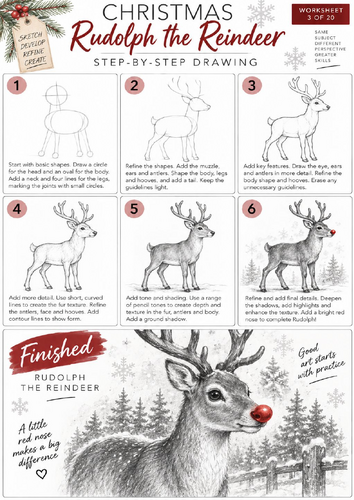 Rudolph the Reindeer Step-by-Step Drawing Worksheet | Christmas Art | KS3 & KS4