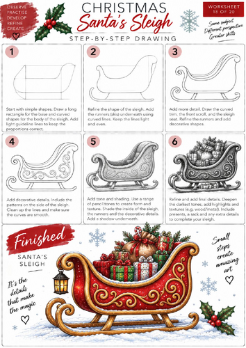 Santa's Sleigh Step-by-Step Drawing Worksheet | Christmas Art | KS3 & KS4 | Shading