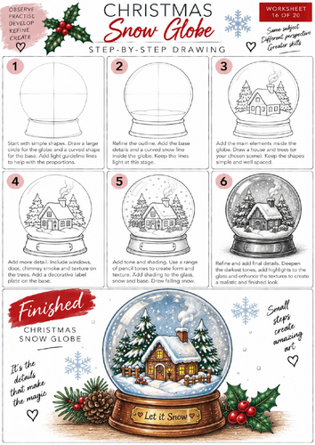 Christmas Snow Globe Step-by-Step Drawing Worksheet | KS3 & KS4 Art | Tonal Shading