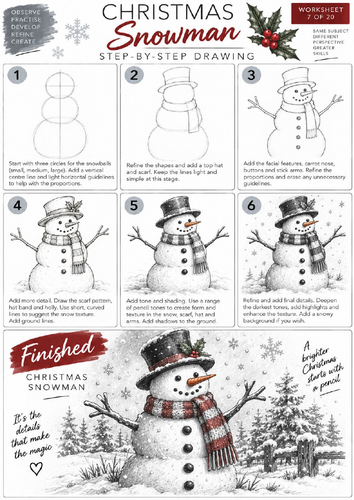 Christmas Snowman Step-by-Step Drawing Worksheet | KS3 & KS4 Art | Pencil Shading