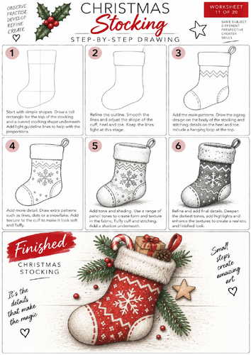 Christmas Stocking Step-by-Step Drawing Worksheet | Christmas Art | KS3 & KS4