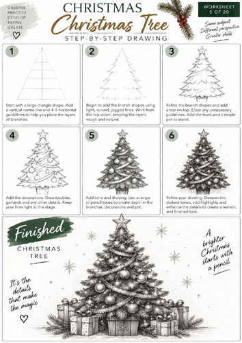 Christmas Tree Step-by-Step Drawing Worksheet | KS3 & KS4 Art | Drawing & Shading