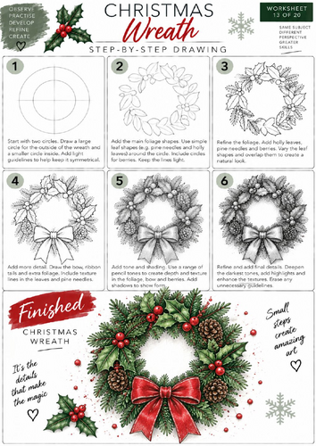 Christmas Wreath Step-by-Step Drawing Worksheet | KS3 & KS4 Art | Botanical Drawing