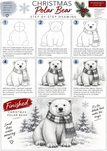Christmas Polar Bear Step-by-Step Drawing Worksheet | KS3 & KS4 Art | Animal Drawing