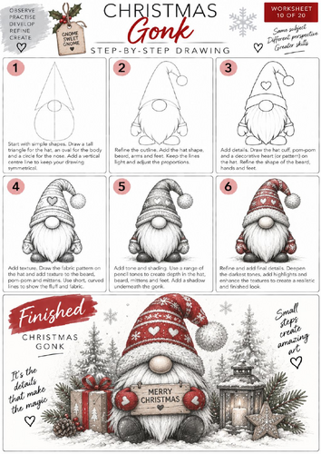 Christmas Gonk Step-by-Step Drawing Worksheet | Festive Art | KS3 & KS4 | Shading