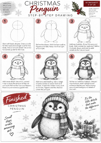 Christmas Penguin Step-by-Step Drawing Worksheet | KS3 & KS4 Art | Animal Drawing