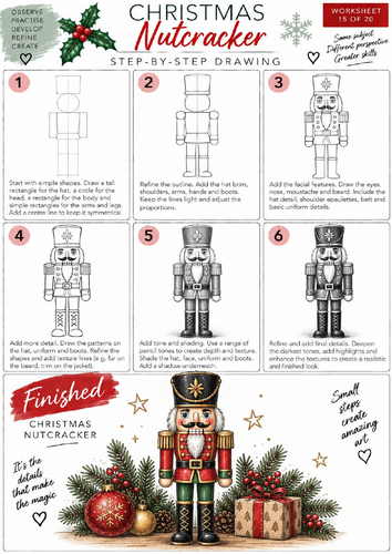 Christmas Nutcracker Step-by-Step Drawing Worksheet | KS3 & KS4 Art | Character Drawing