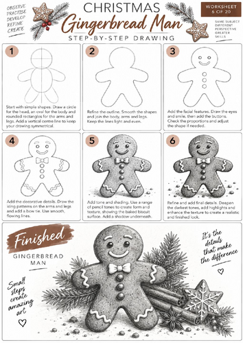Gingerbread Man Step-by-Step Drawing Worksheet | Christmas Art | KS3 & KS4 | Shading