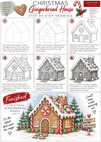 Gingerbread House Step-by-Step Drawing Worksheet | KS3 & KS4 Art | Perspective & Shading