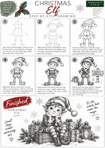 Christmas Elf Step-by-Step Drawing Worksheet | KS3 & KS4 Art | Character Drawing